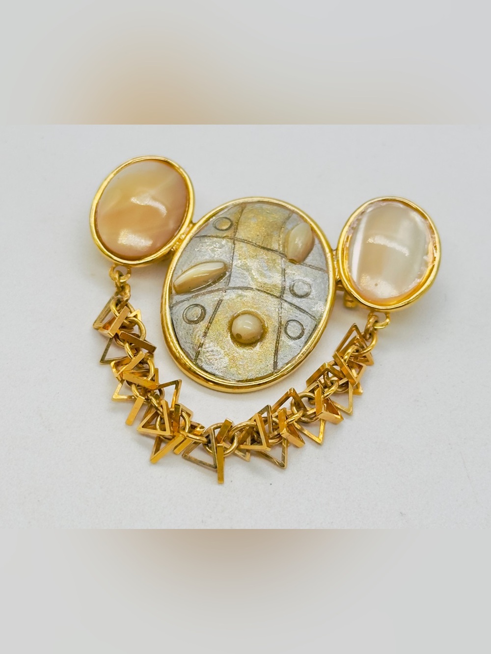 Gold Tone Abstract Cabochon Brooch Pin Chain Detail Opal Gemstone Like 80s 90s